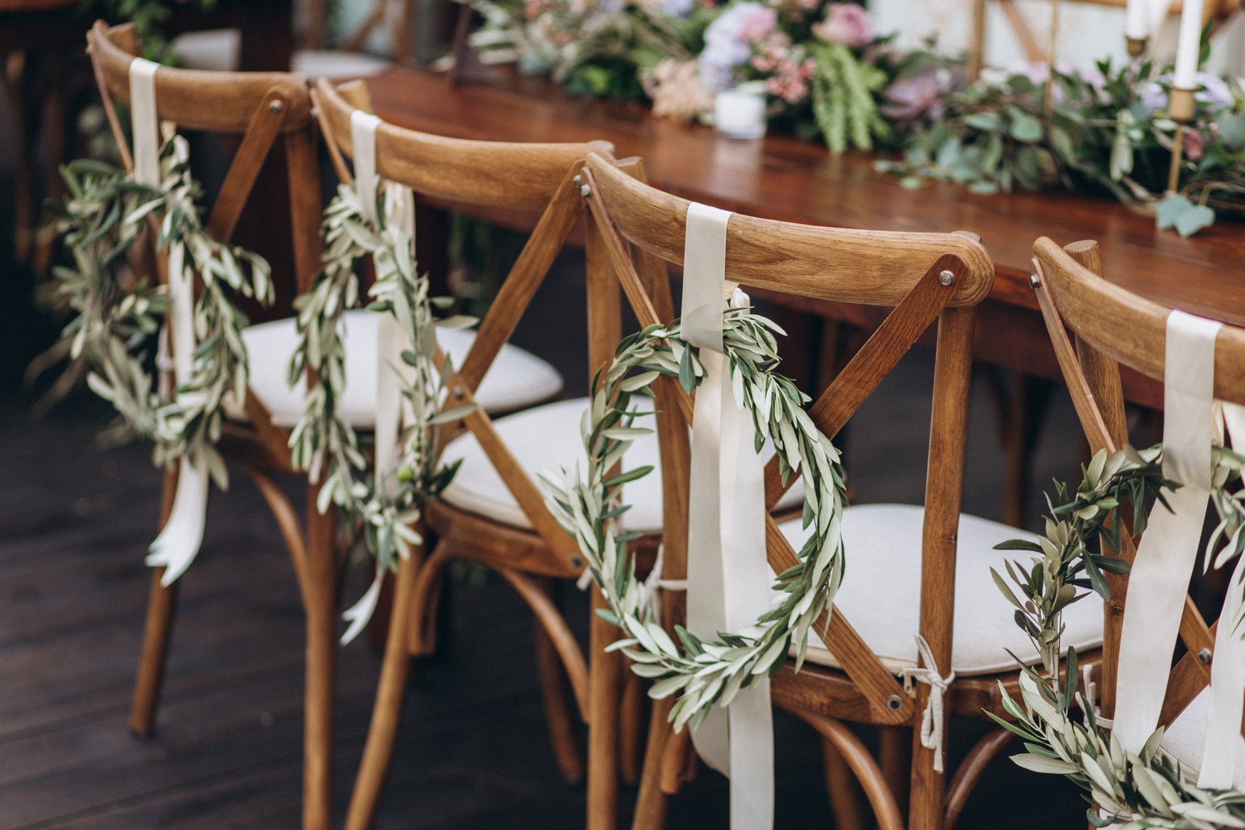 Boho wedding chair with eco decor for guests.
